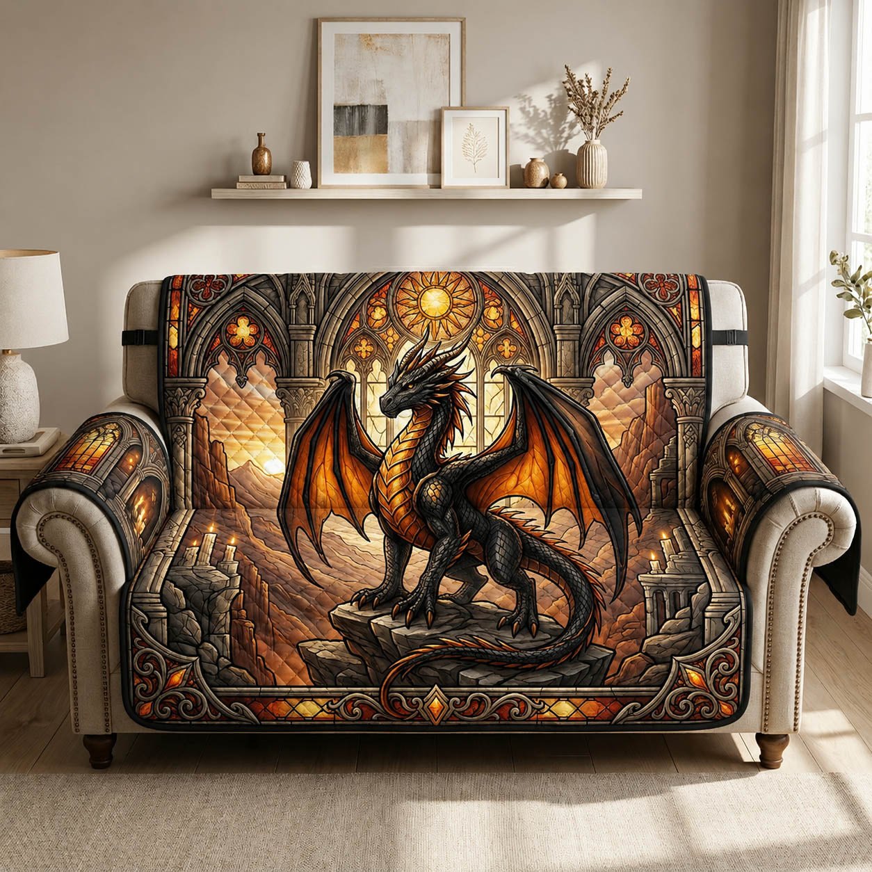 Dragon in the Stained Glass Arch Sofa Cover