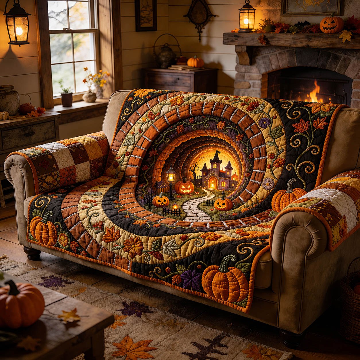 Pumpkin Spiral Around the Lit Village Sofa Cover