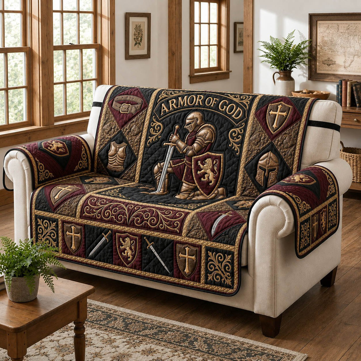 Armor of God on Crimson Blocks Sofa Cover