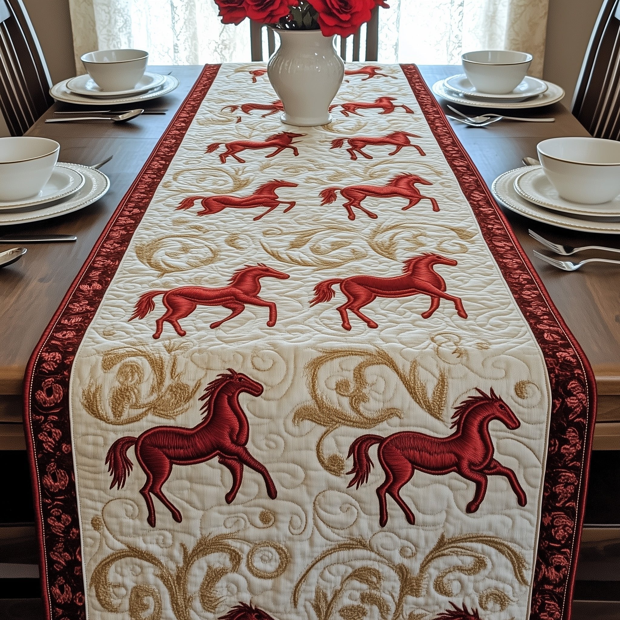Running Red Horses on Cream Table Runner