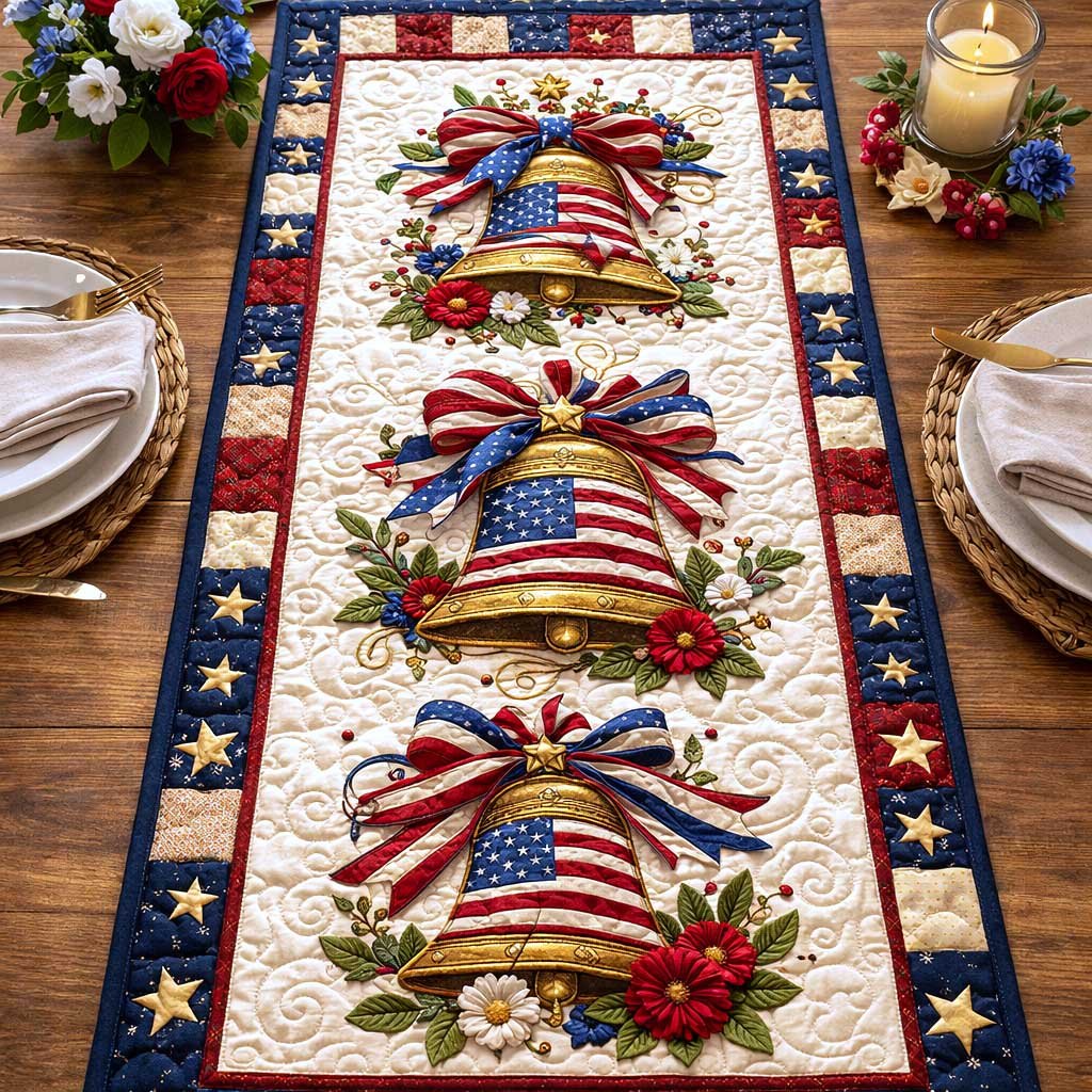 Liberty Bells with Flag Ribbons Table Runner