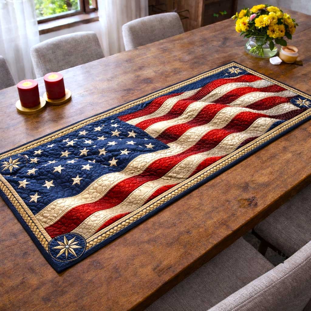 Waving American Flag with Stars Table Runner