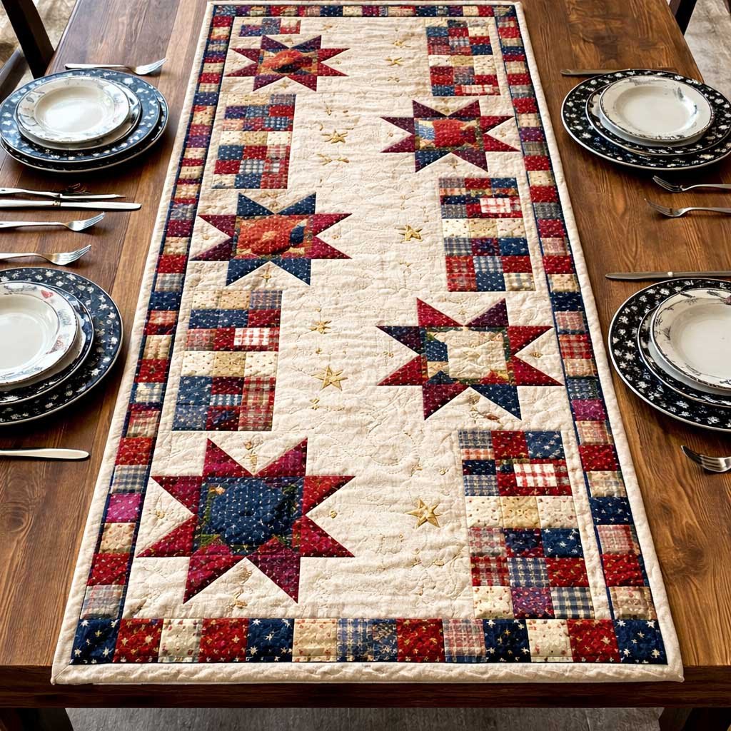 Red and Blue Quilt Stars Table Runner