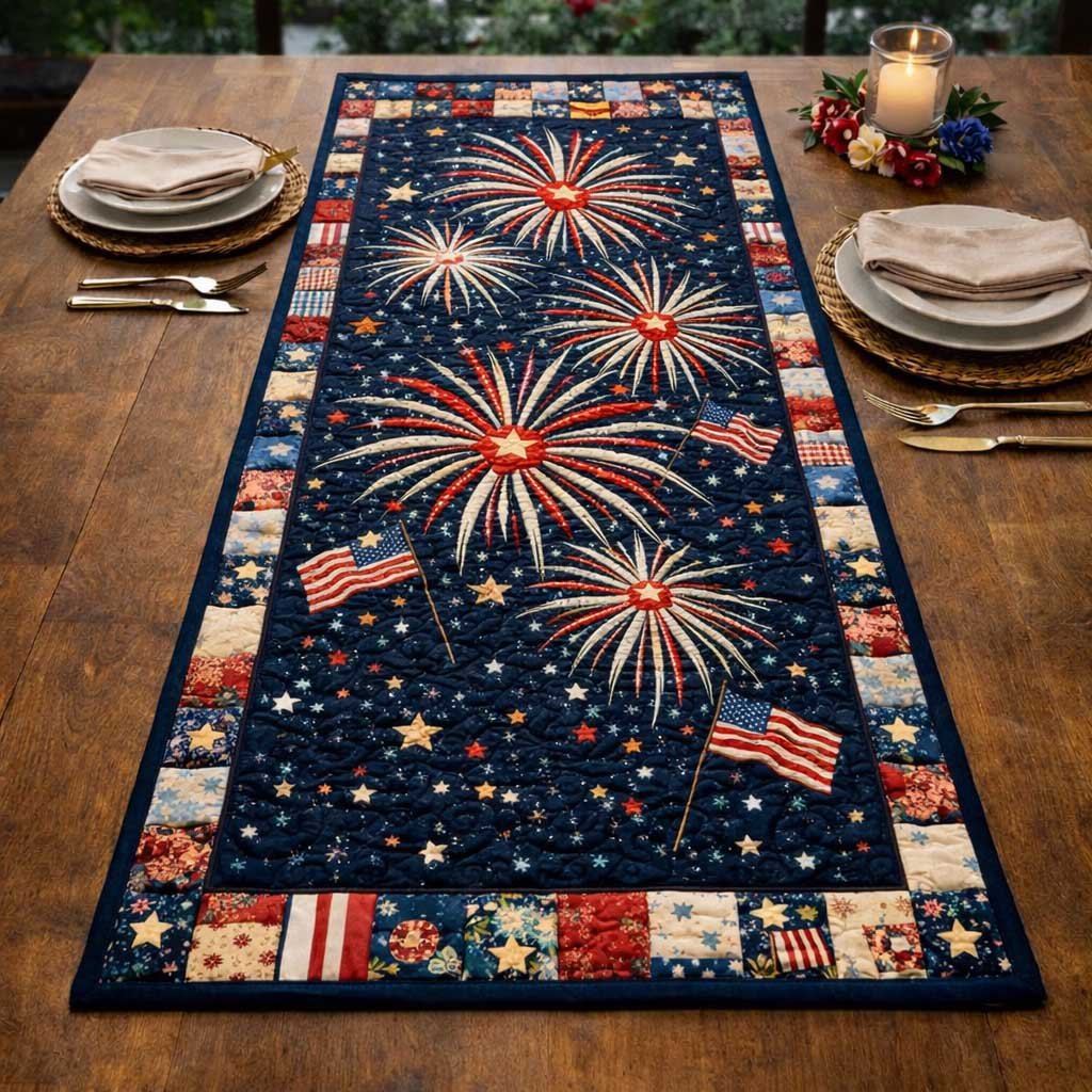 Fireworks over Navy with Flags Table Runner