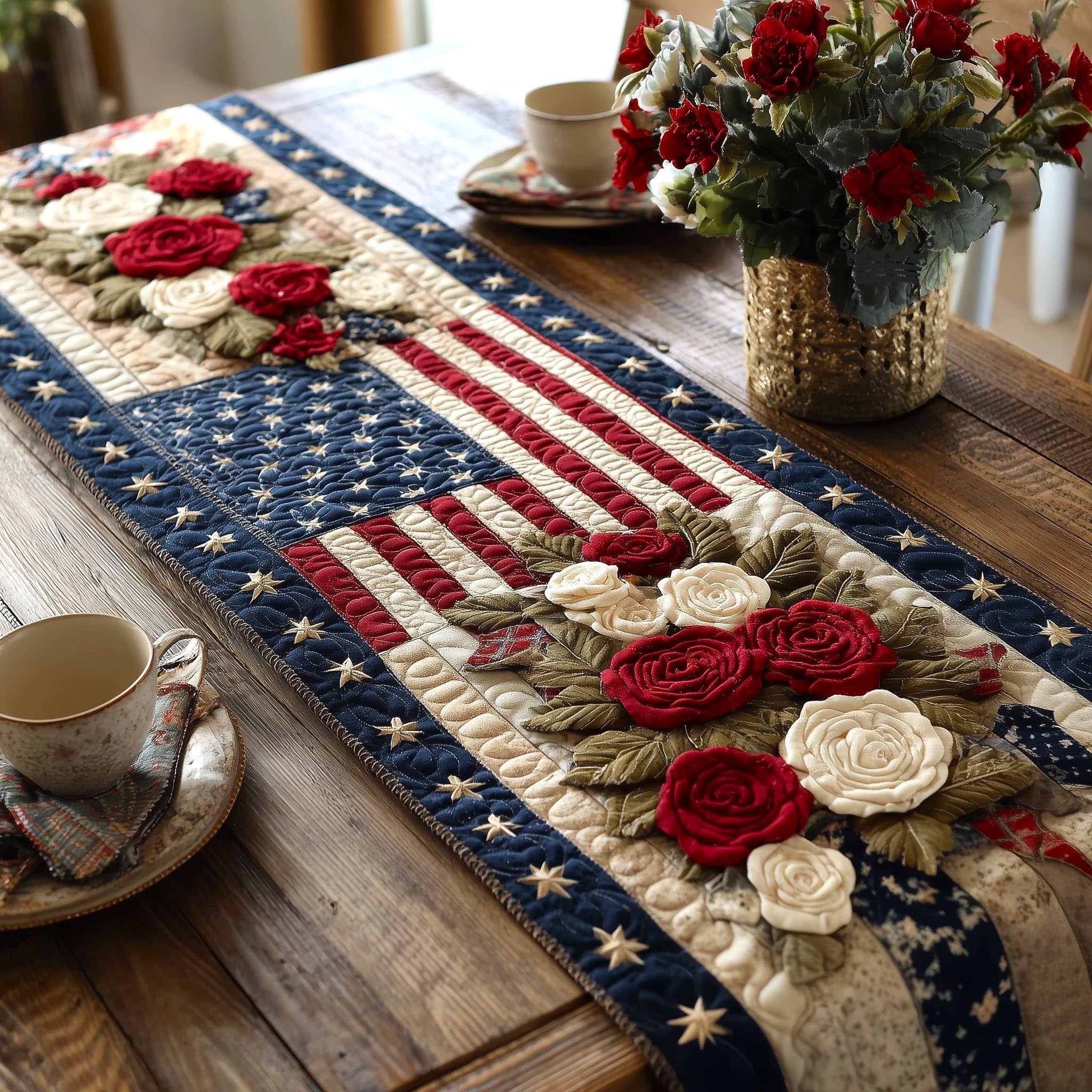 Flag with White and Red Roses Table Runner