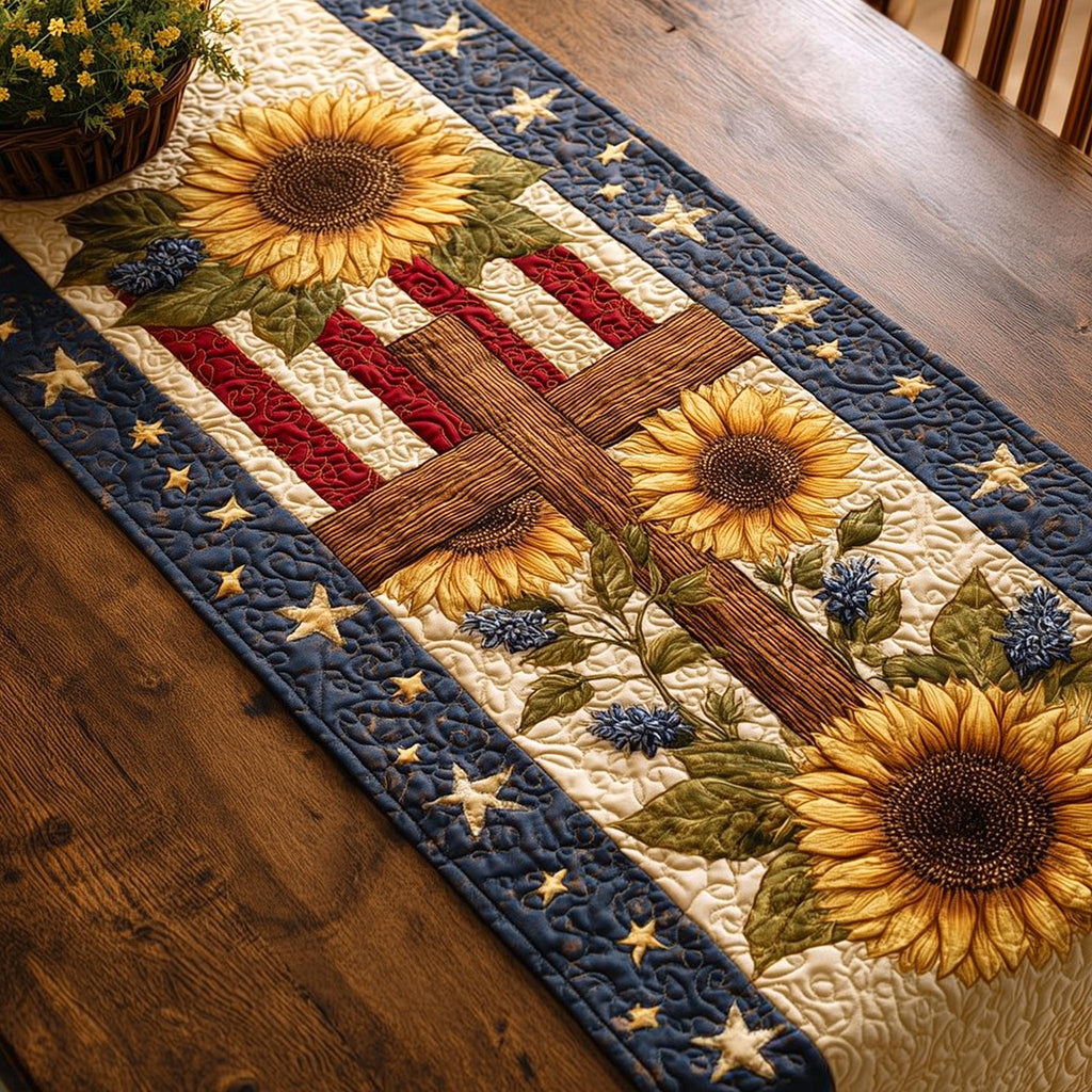Wooden Cross with Flag and Sunflowers Table Runner