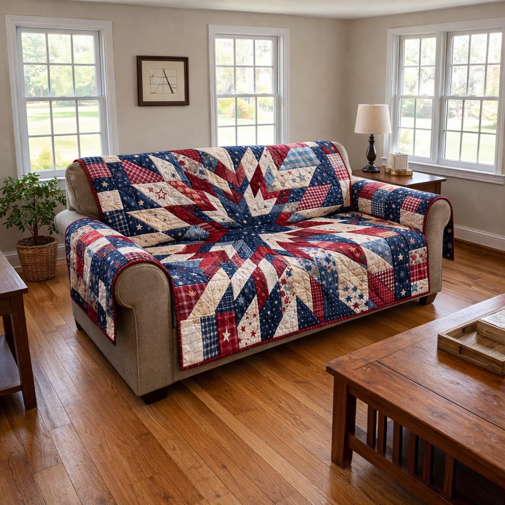 Star Burst Quilt in Red and Blue Sofa Cover