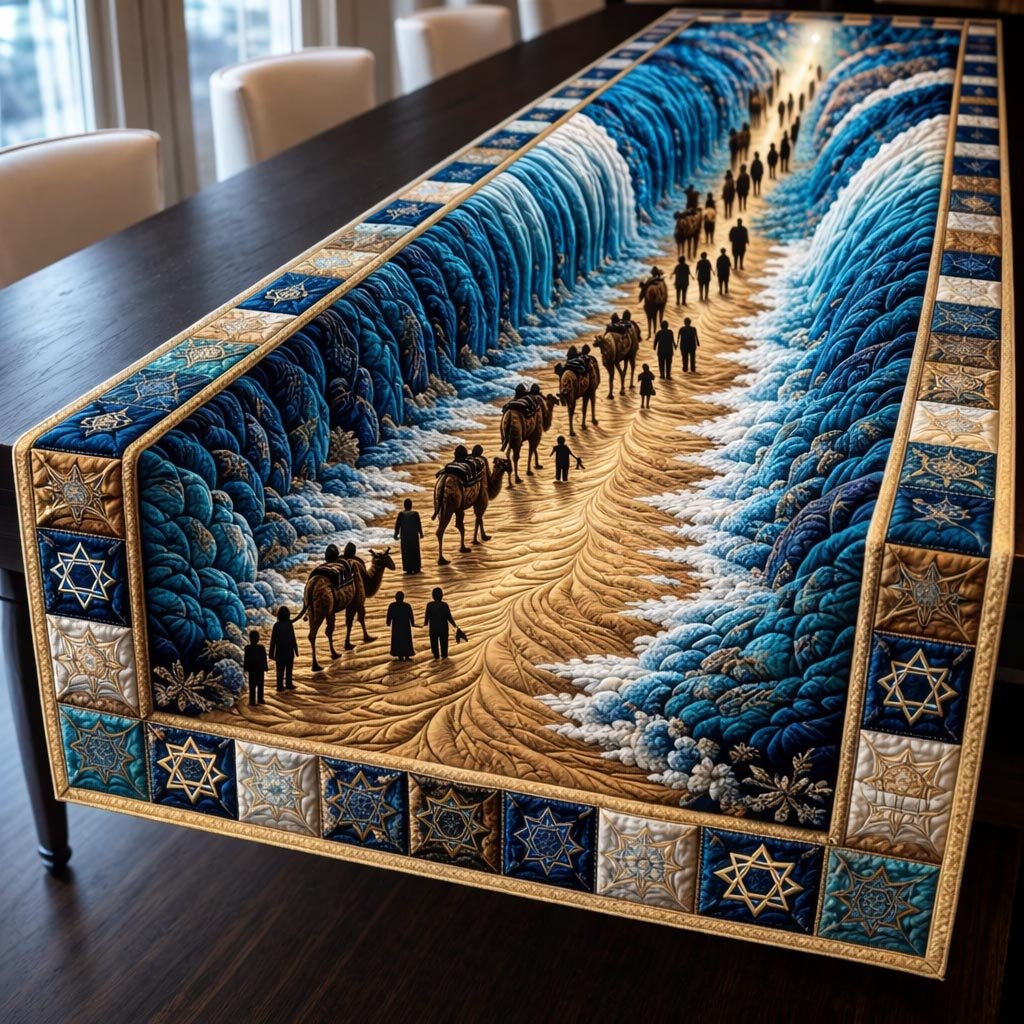 Caravan Walking Between Blue Walls Table Runner