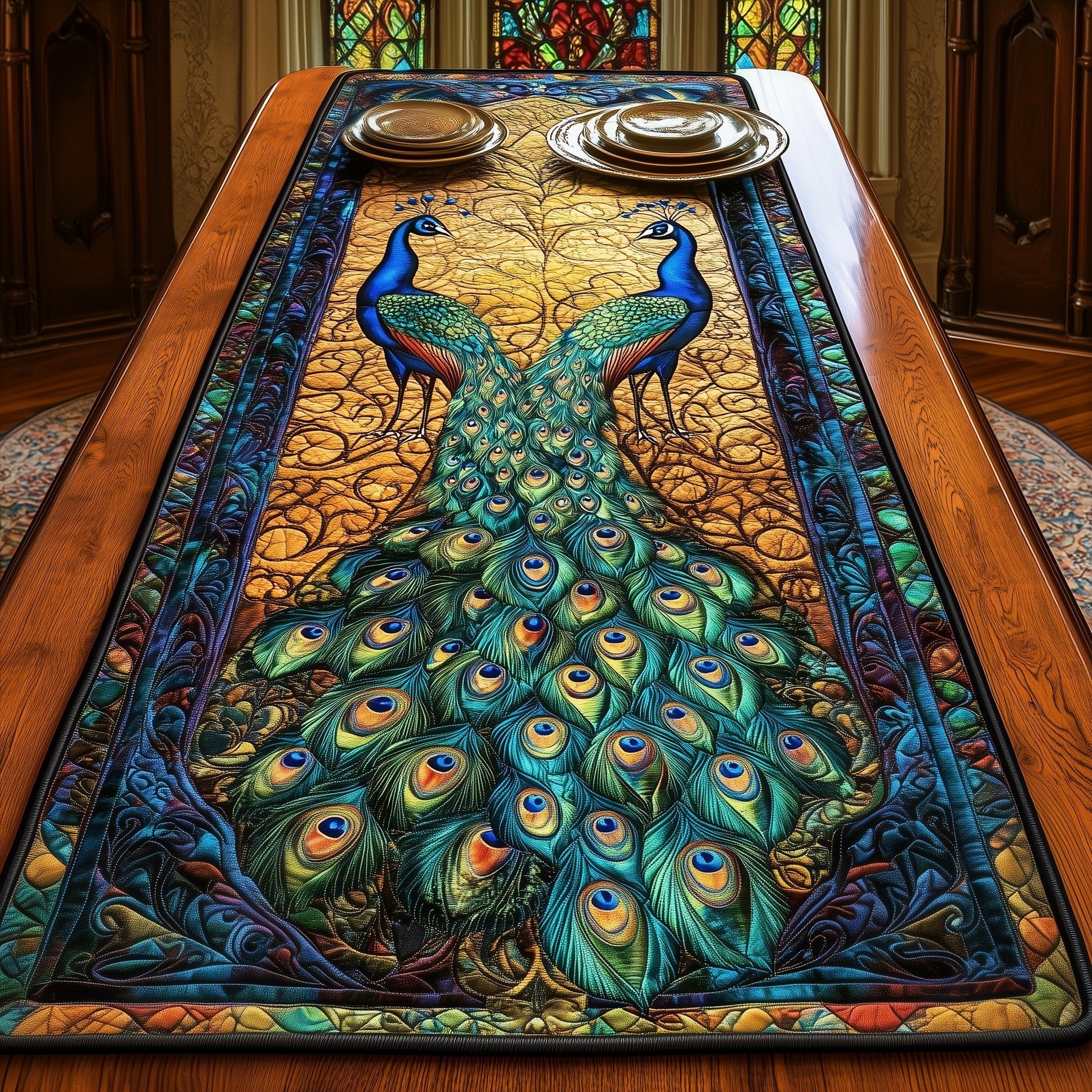 Peacock with Green Tail Feathers Table Runner