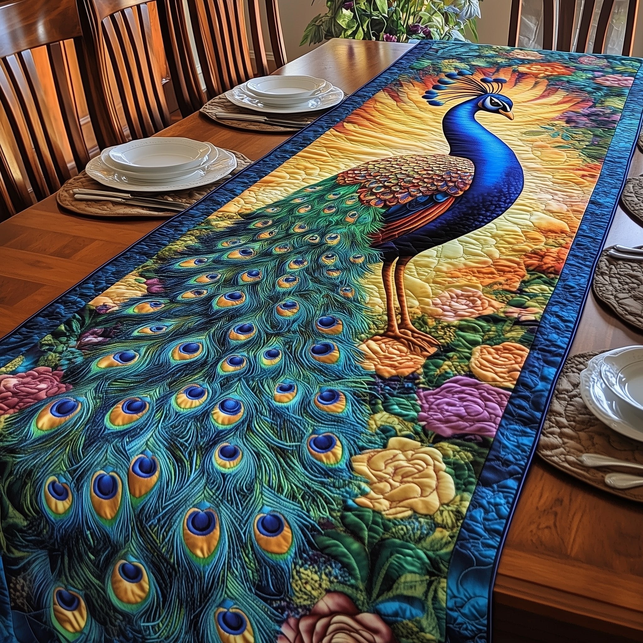 Peacock on Golden Background Table Runner