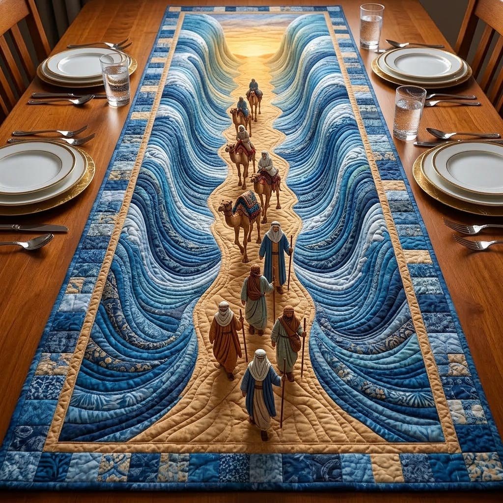 Travelers and Camels in Blue Waves Table Runner