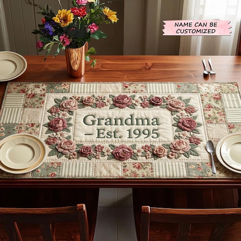 Grandma Est 1995 Floral Frame Table Runner