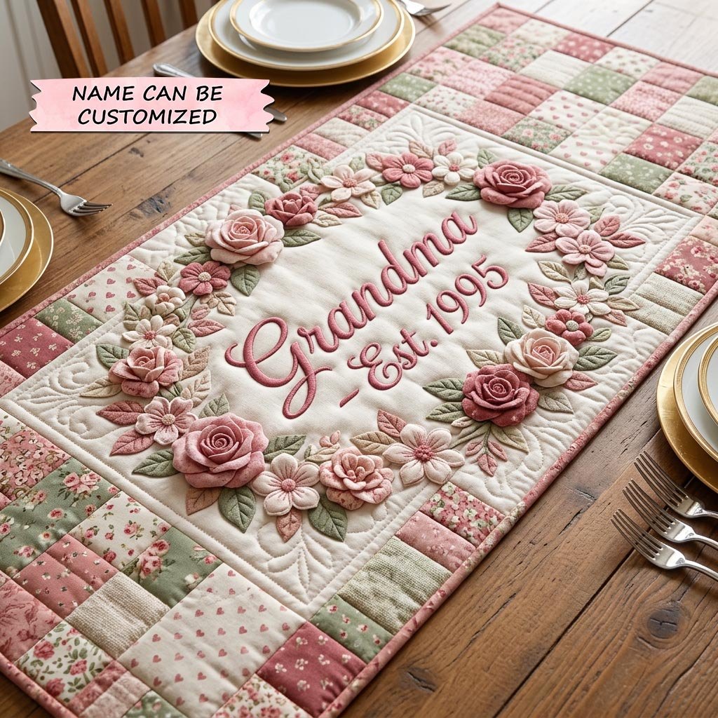 Grandma Est 1995 Rose Wreath Table Runner