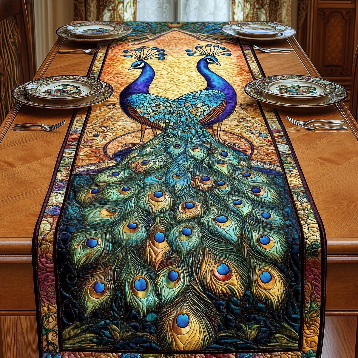 Peacock with Teal Tail on Gold Table Runner