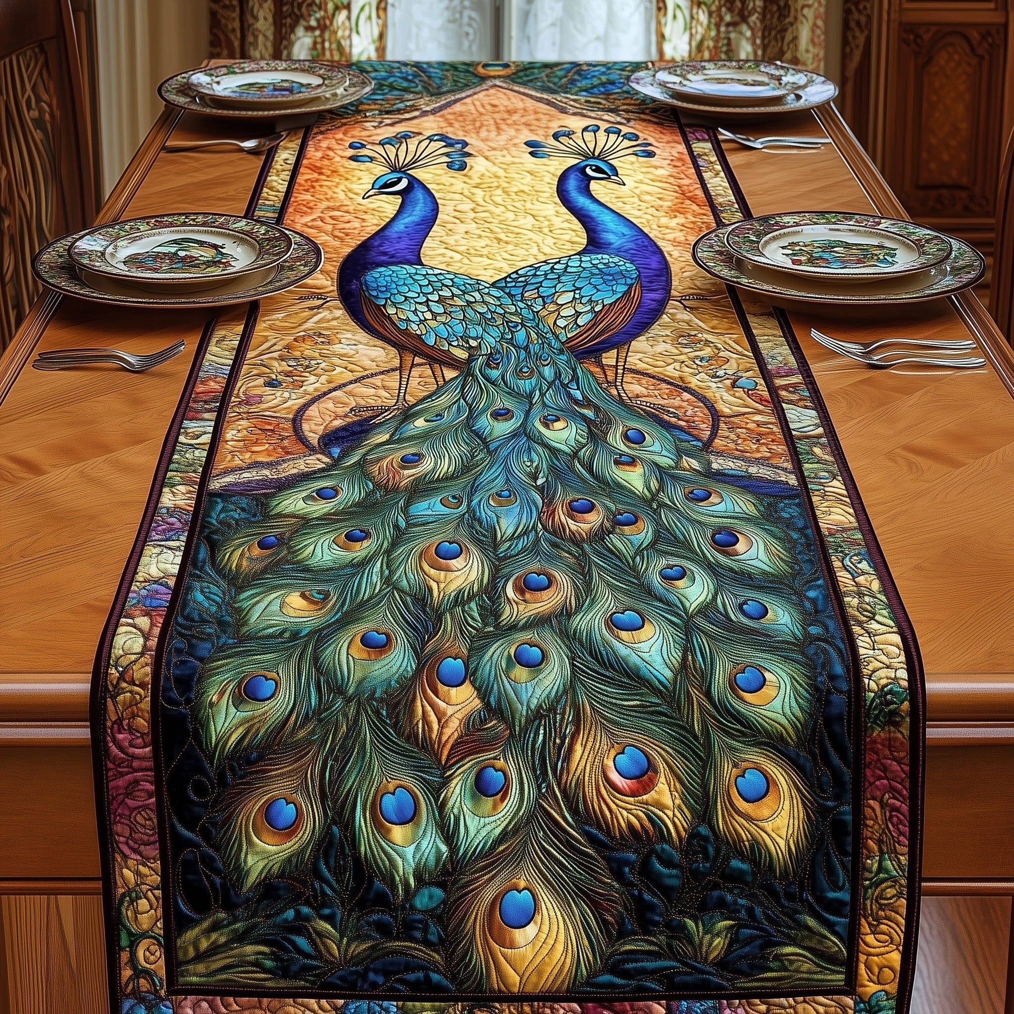 Peacock with Teal Tail on Gold Table Runner