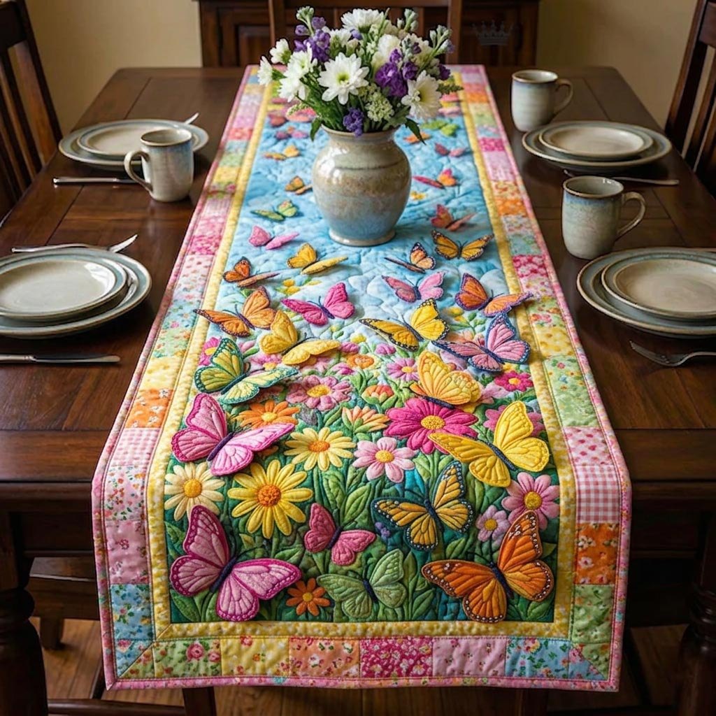 Butterflies in a Bright Flower Garden Table Runner