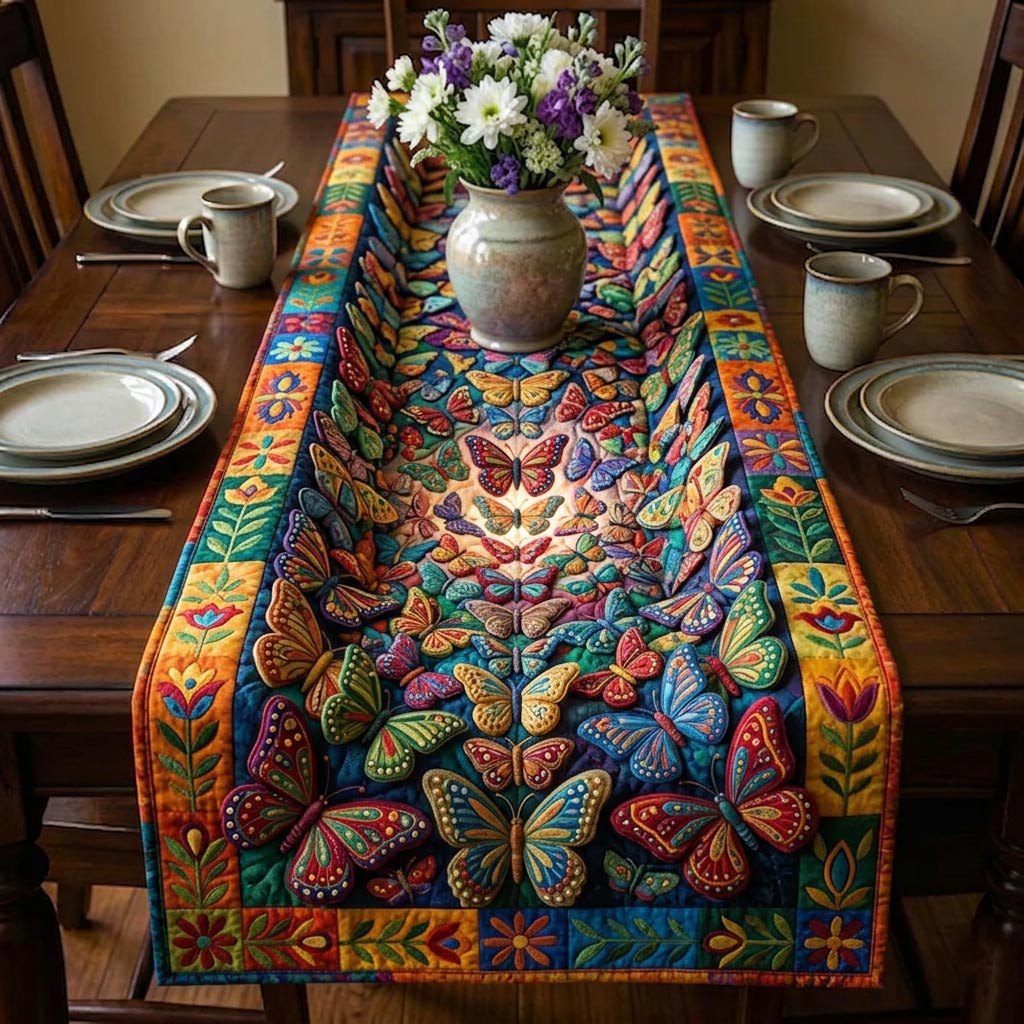 Bright Folk Butterflies on Blue Table Runner