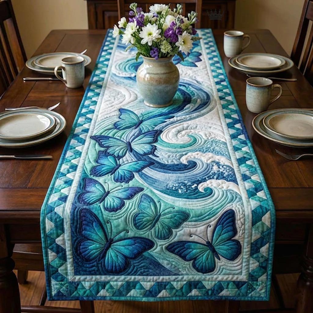 Teal Butterflies Riding the Waves Table Runner