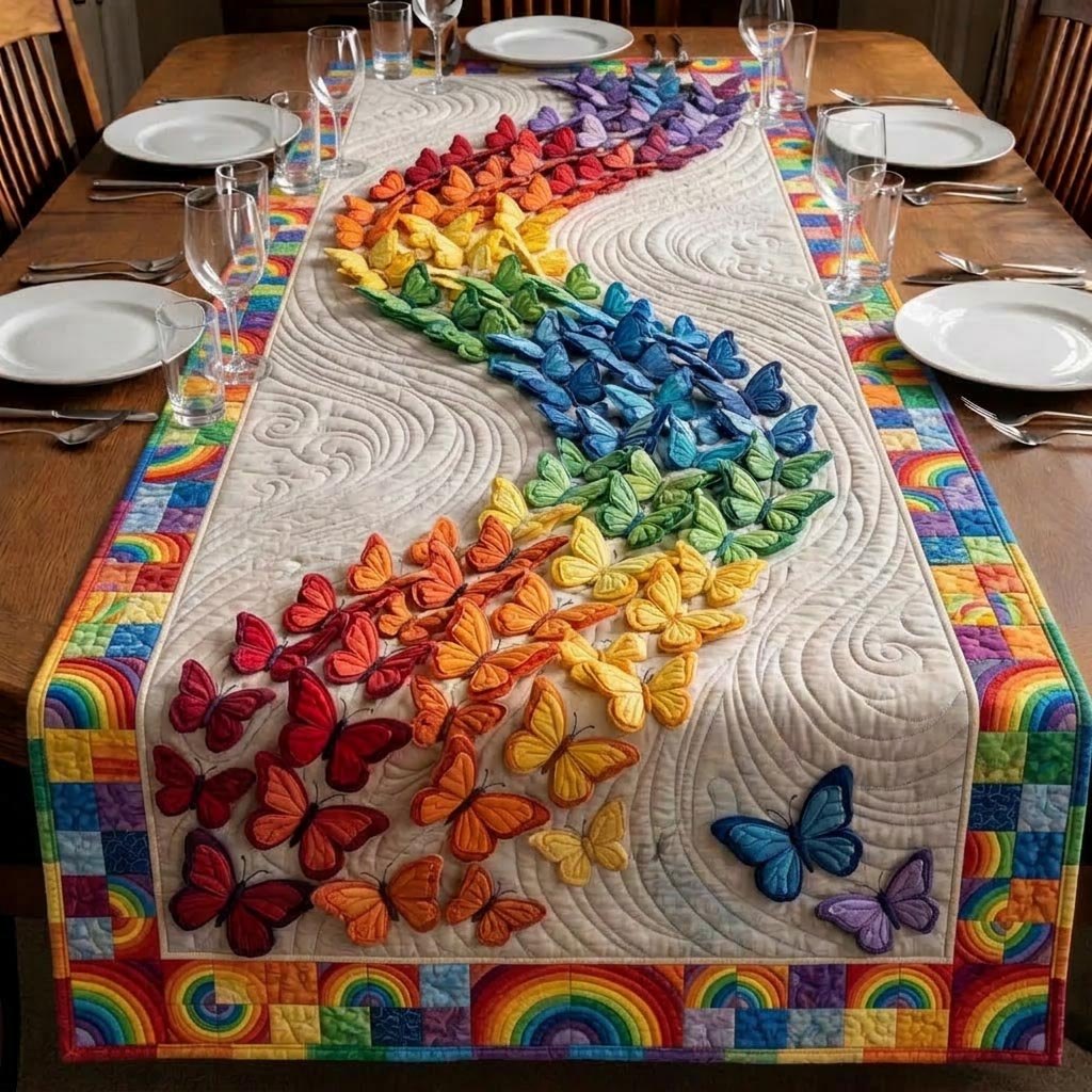 Rainbow Butterfly Swirl on White Table Runner