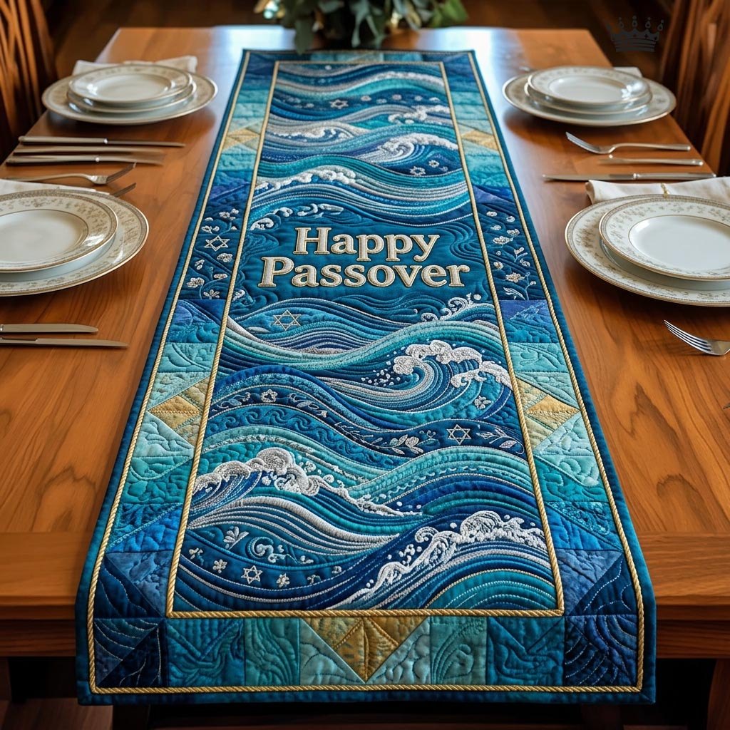 Happy Passover Teal Wave Panel Table Runner