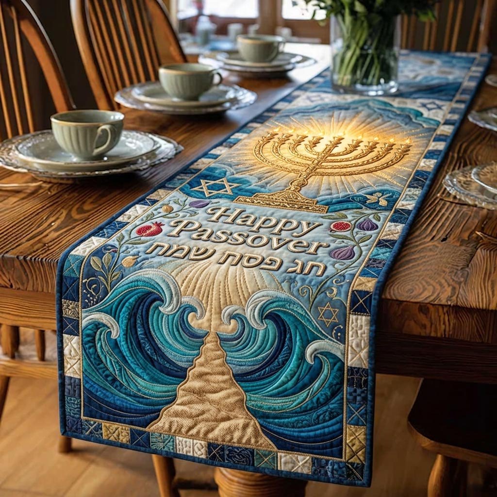 Happy Passover Menorah Above Waves Table Runner
