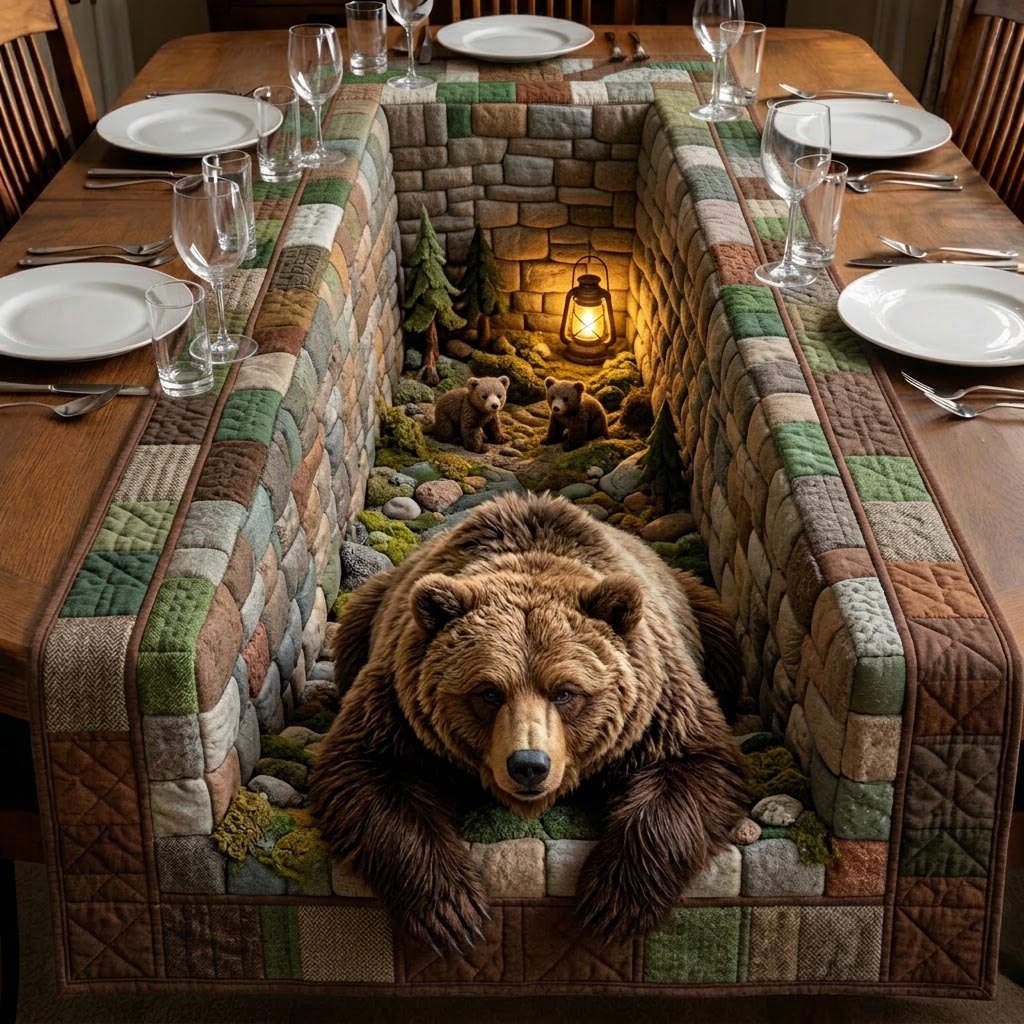 Brown Bear in a Cozy Den Table Runner