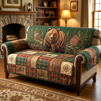 Grizzly Bear on Cabin Plaid Sofa Cover