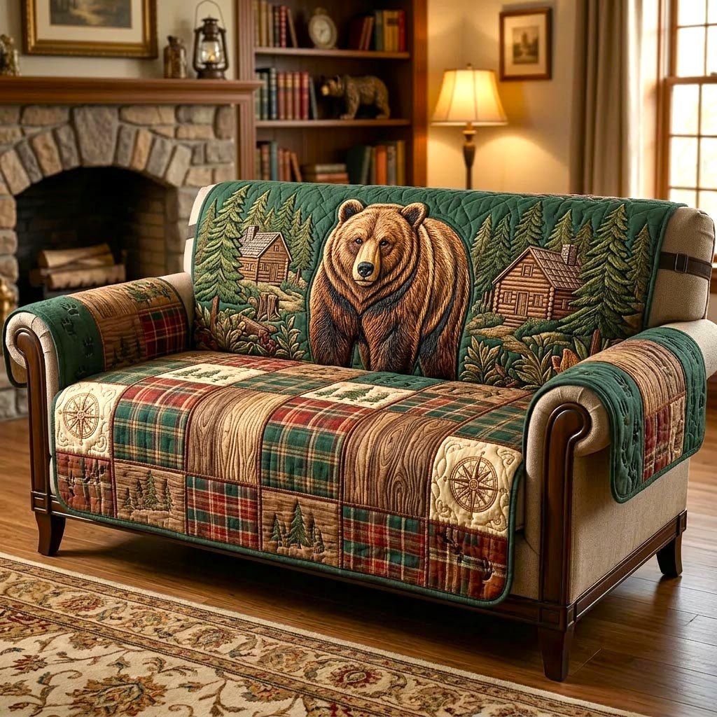 Grizzly Bear on Cabin Plaid Sofa Cover