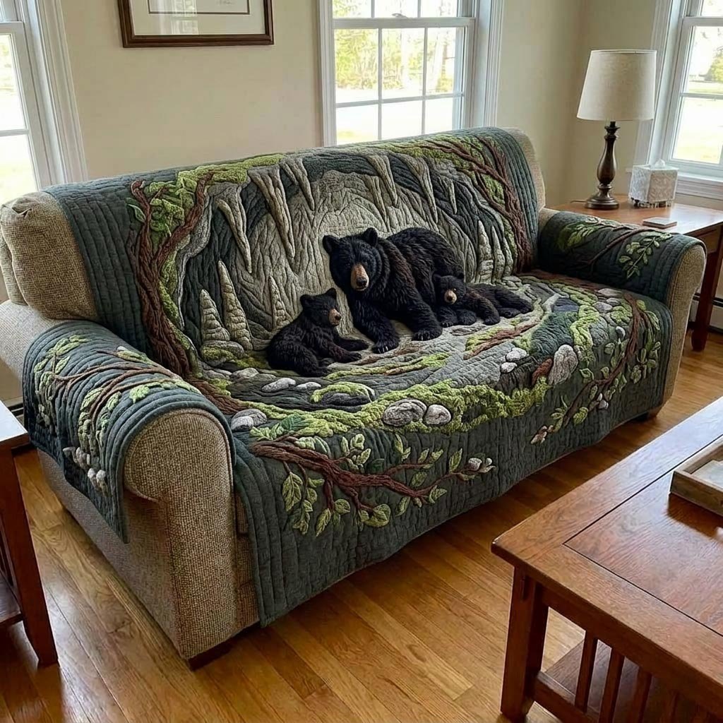 Sleeping Black Bears in Green Woods Sofa Cover