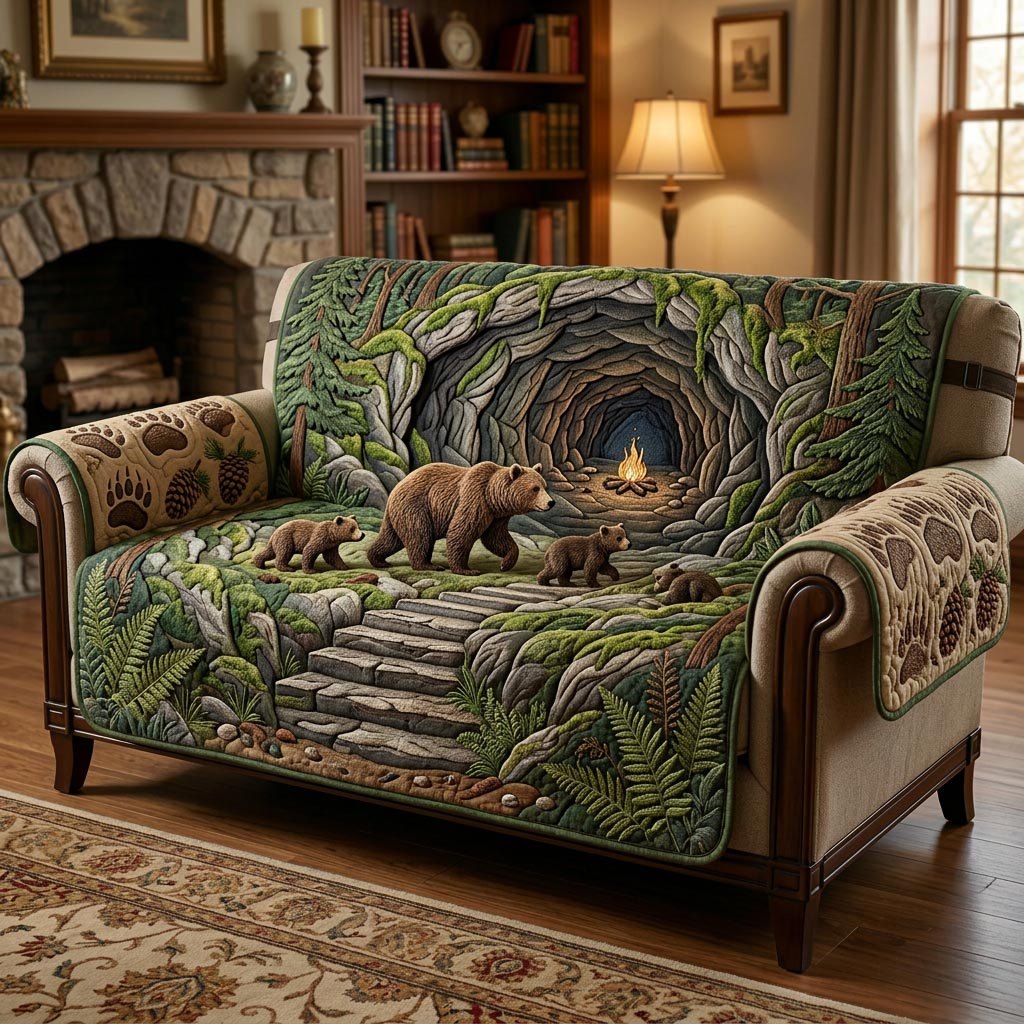 Bear Cubs by the Cave Campfire Sofa Cover