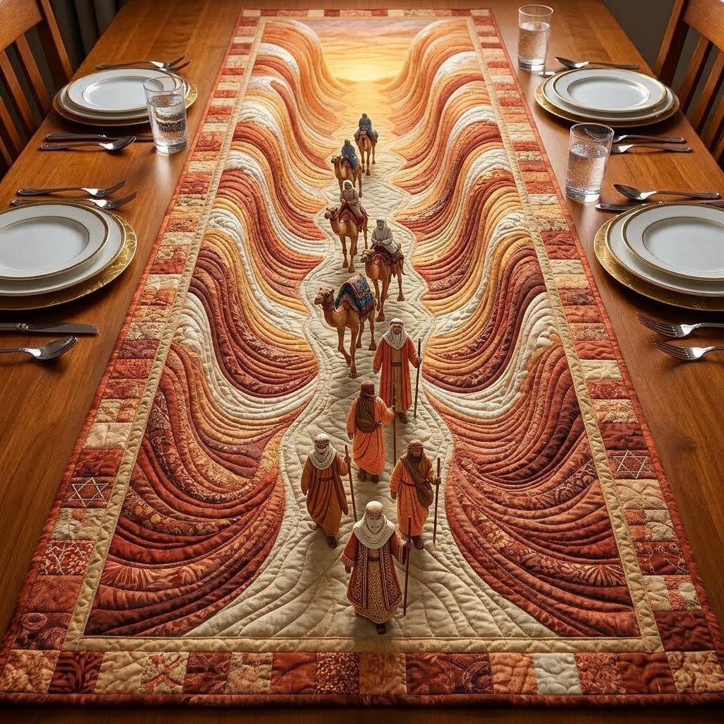 Camels in Orange and Red Waves Table Runner