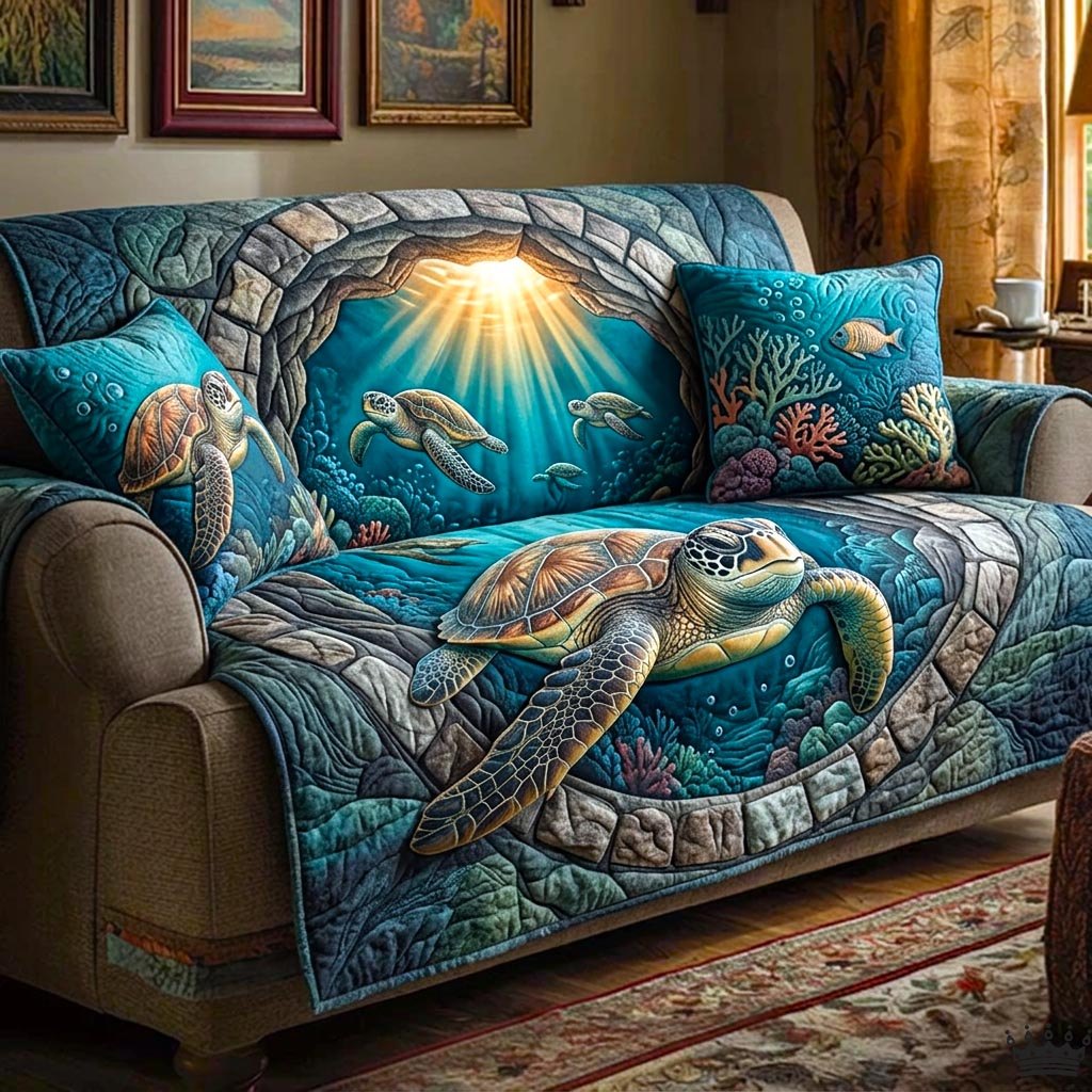 Sea Turtle in the Sunlit Blue Sofa Cover