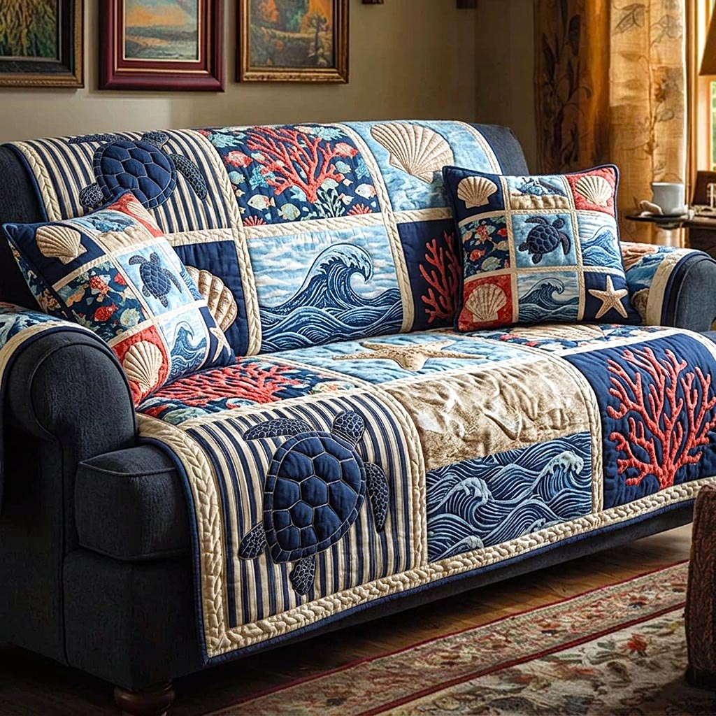 Ocean Waves in Navy Blocks Sofa Cover
