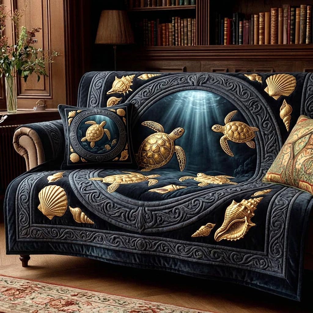 Golden Turtles on Black Water Sofa Cover