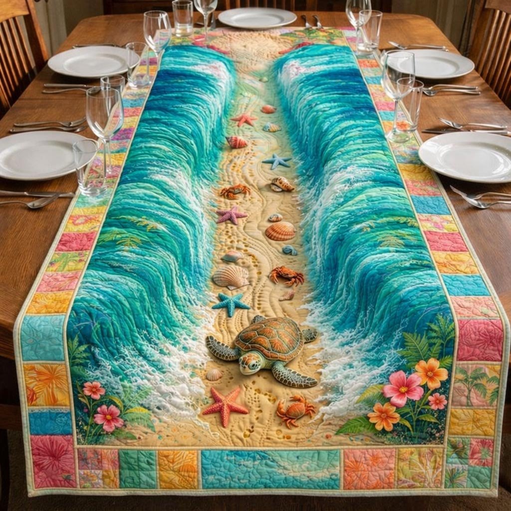 Sea Turtles on Sunlit Beach Table Runner