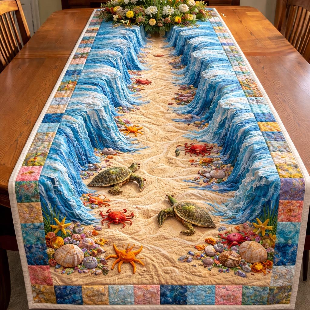 Turtles Crabs and Starfish on Shore Table Runner