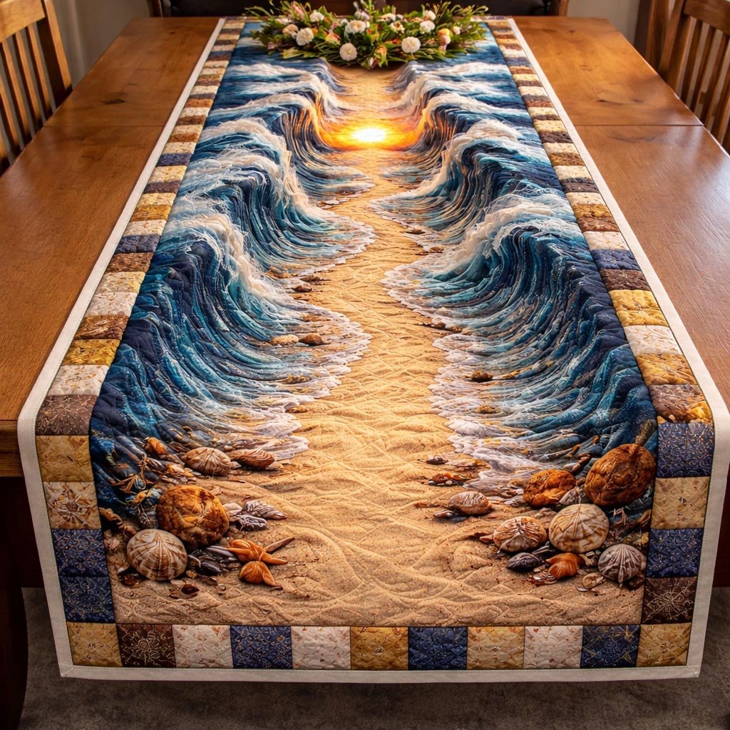 Seashells on Sand with Dark Waves Table Runner