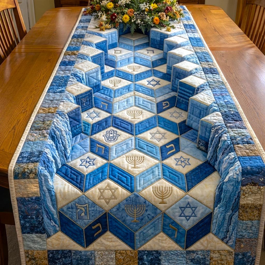 Blue Tumbling Blocks with Dreidels Table Runner