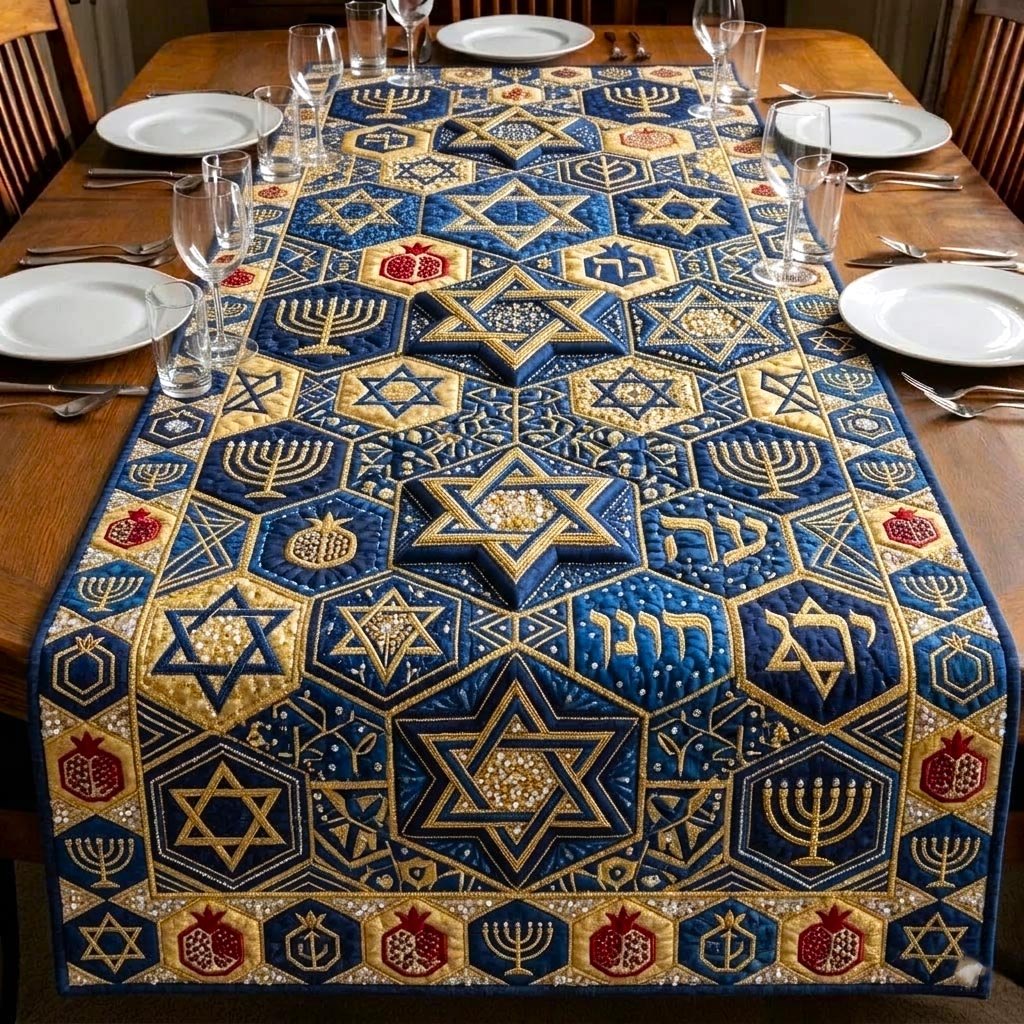 Hebrew Letters and Stars on Blue Table Runner