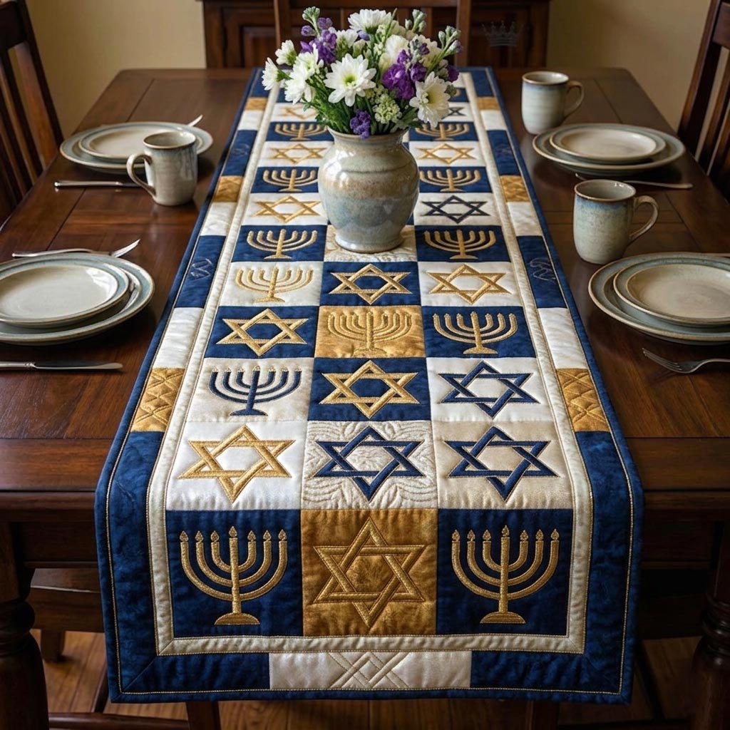 Menorah and Star Blocks in Gold Table Runner