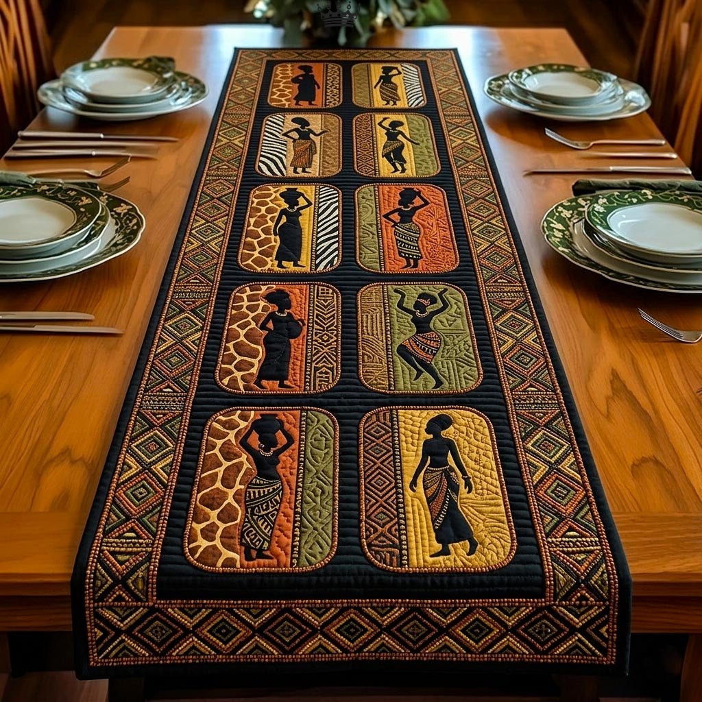 African Figures with Giraffe Print Blocks Table Runner