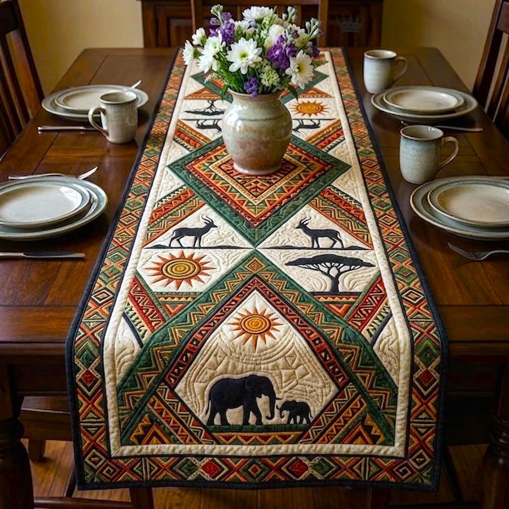 Elephants with Sun and Tribal Border Table Runner