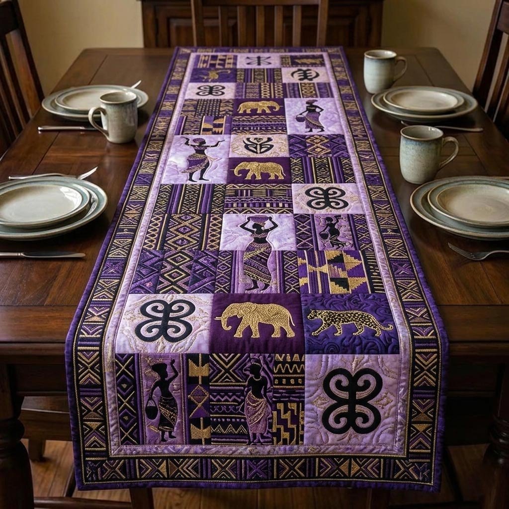 Purple Panel with Adinkra Symbols Table Runner