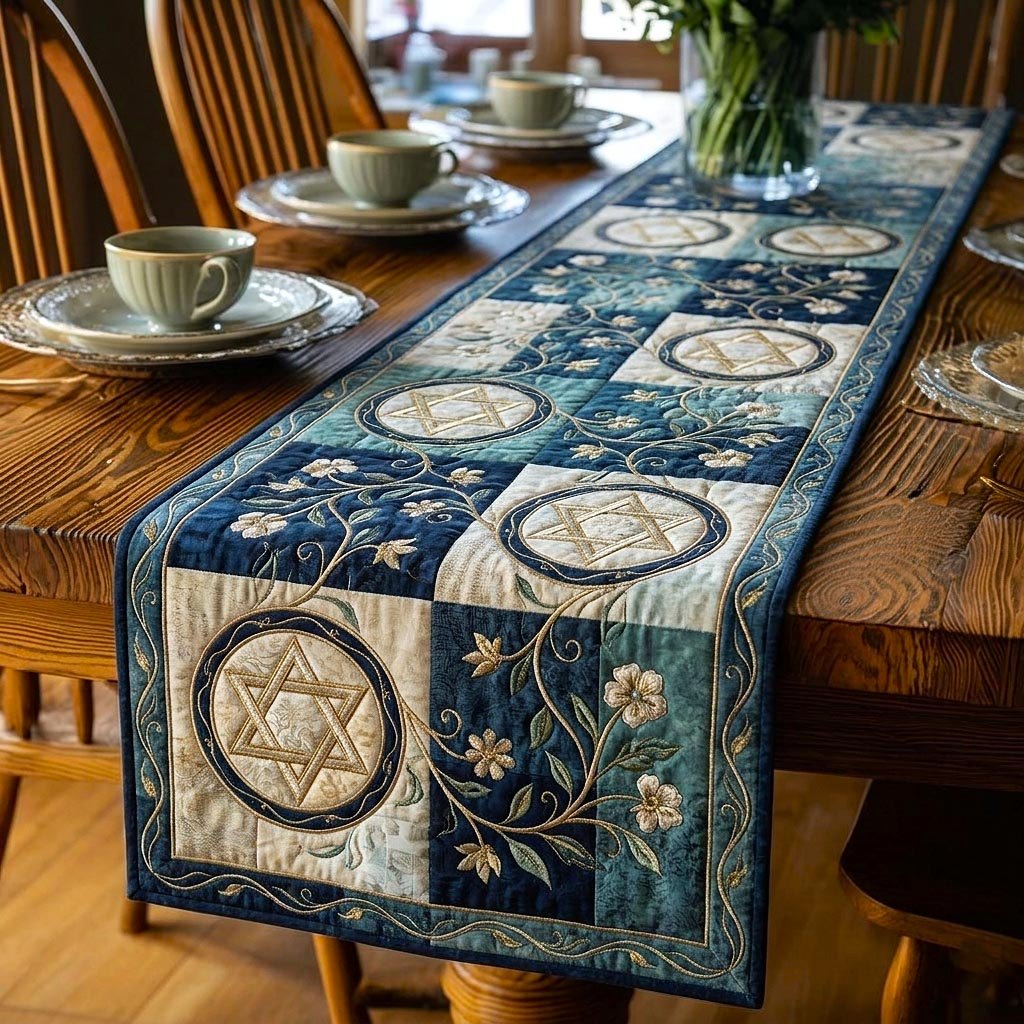 Star of David Medallions on Denim Table Runner