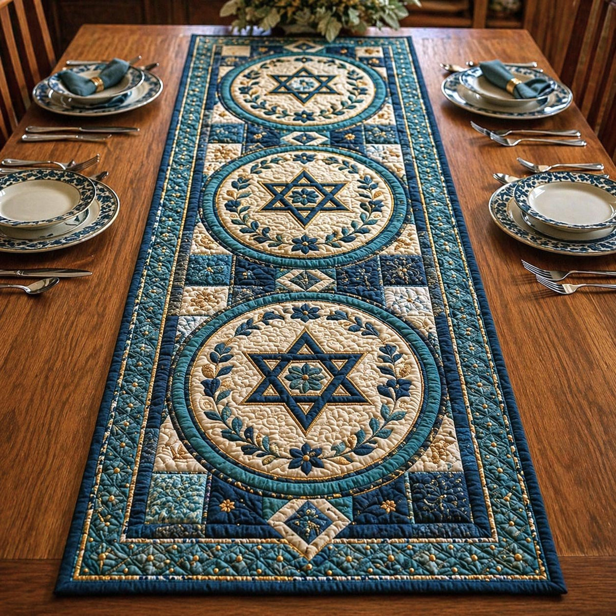Star of David Medallion on Teal Table Runner