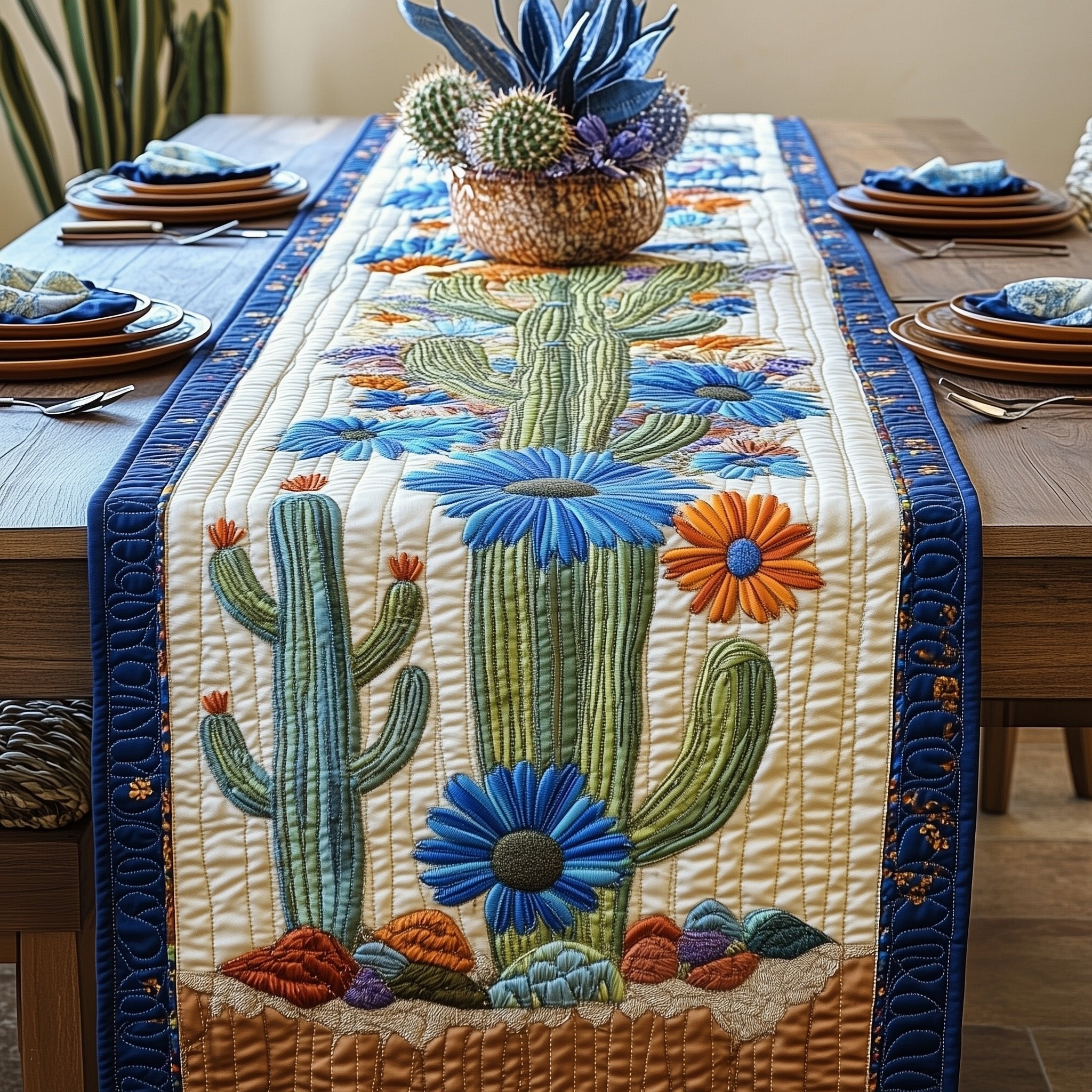 Cactus with Blue and Orange Flowers Table Runner