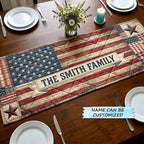 Flag Stripes with Family Name Banner Table Runner