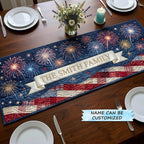 Fireworks over Flag with Name Banner Table Runner
