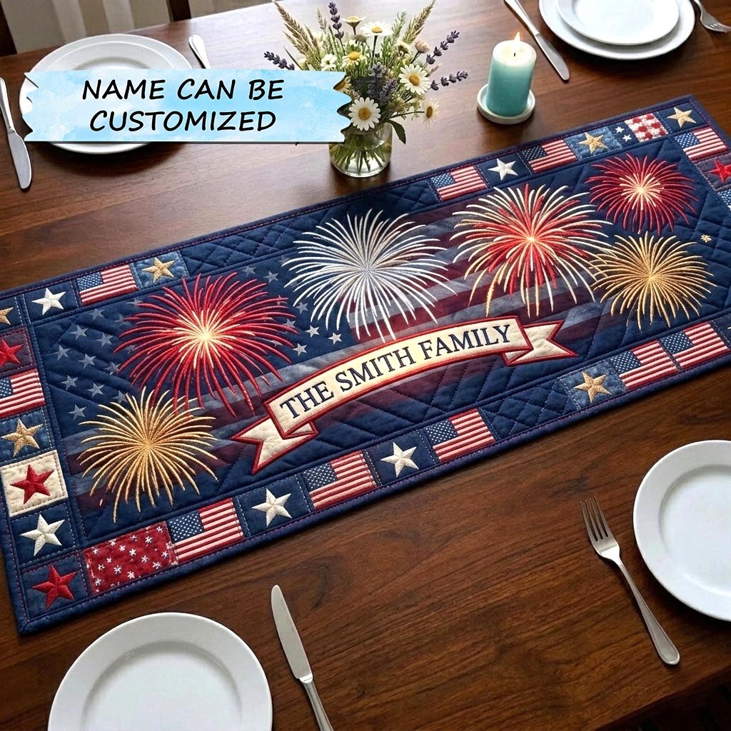 Fireworks and Stars with Name Banner Table Runner
