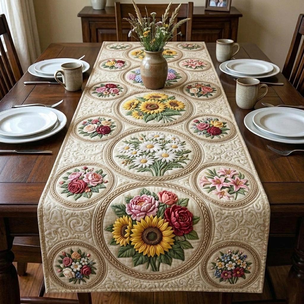 Floral Medallions on Cream Panel Table Runner